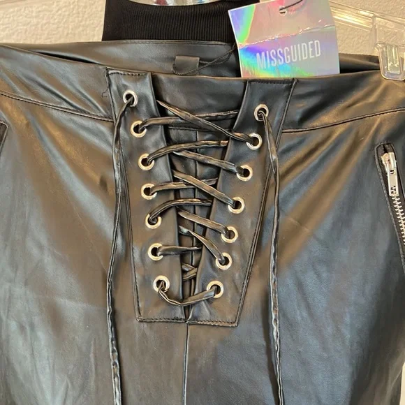 NWT Misguided Black, faux, leather lace up front flare leg pants - Picture 5 of 12